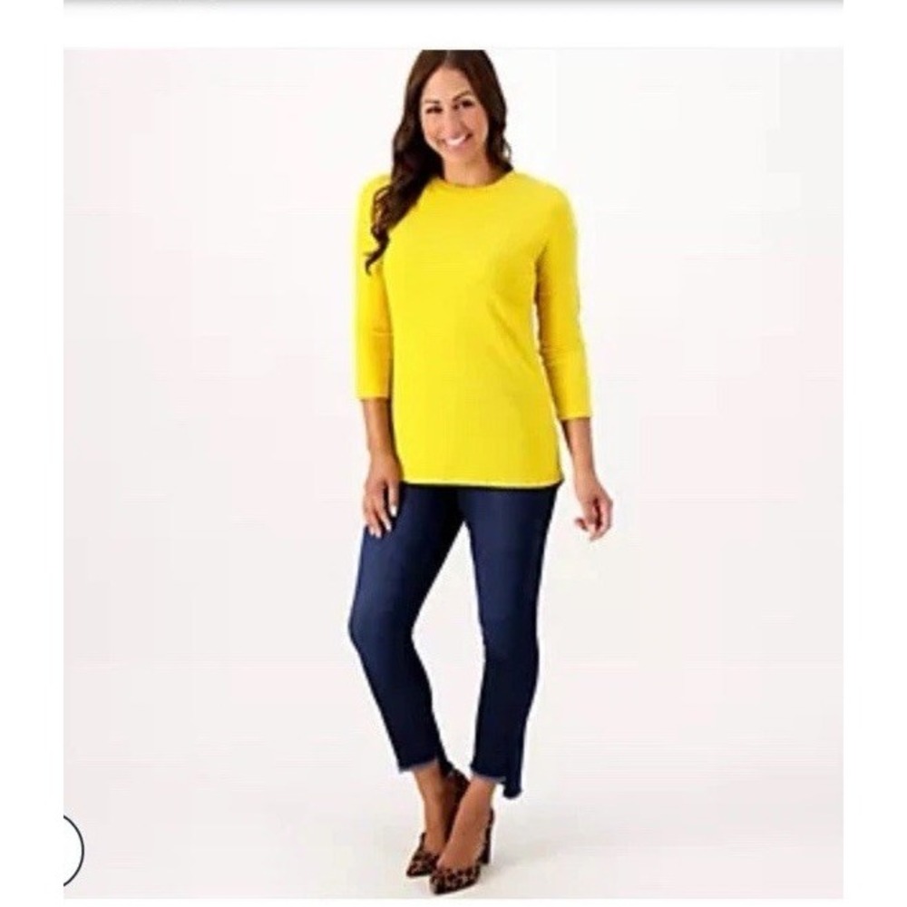 Susan Graver Women Essentials Liquid Knit Bateau Neck‎ Top Yellow Jasmine Large